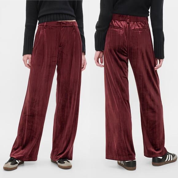 GAP Recycled Easy Crinkle Velvet Trousers Womens 8 Tall Noir Red Stretch - Picture 14 of 14